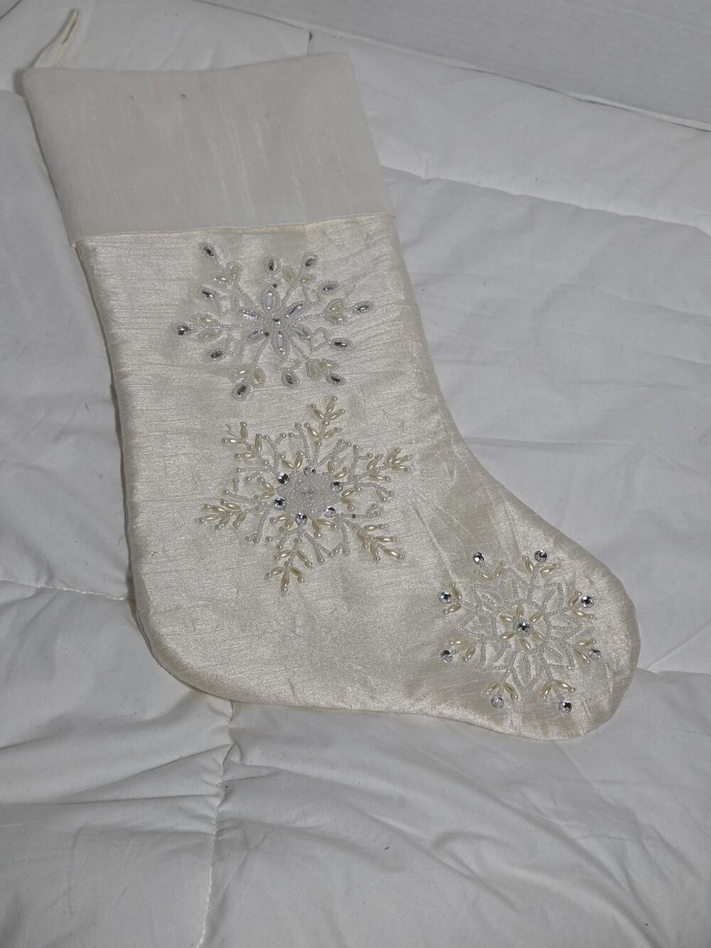 White Frost Snowflake Satin Vtg Embroidered Christmas Stocking 18” Holiday Decor